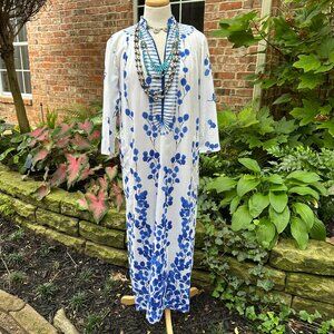 Ro's Garden Tuckernuck Clorinda Long Blue Leaf Kaftan XS